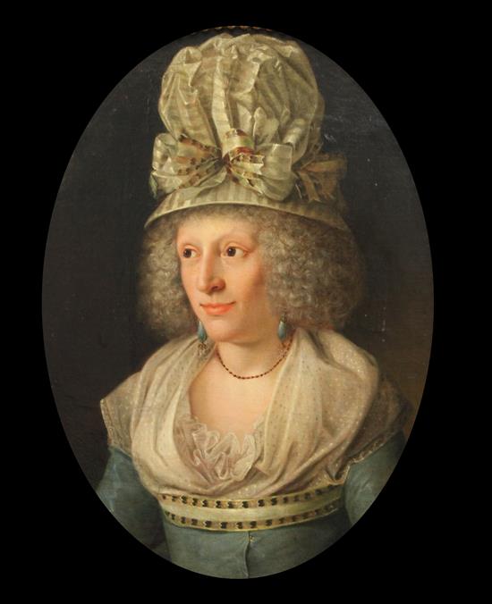 Carl David Probsthayn (Danish, 1770-1818) Portrait of a lady wearing an elaborate bonnet, c.1820 oval, 25 x 18.5in.